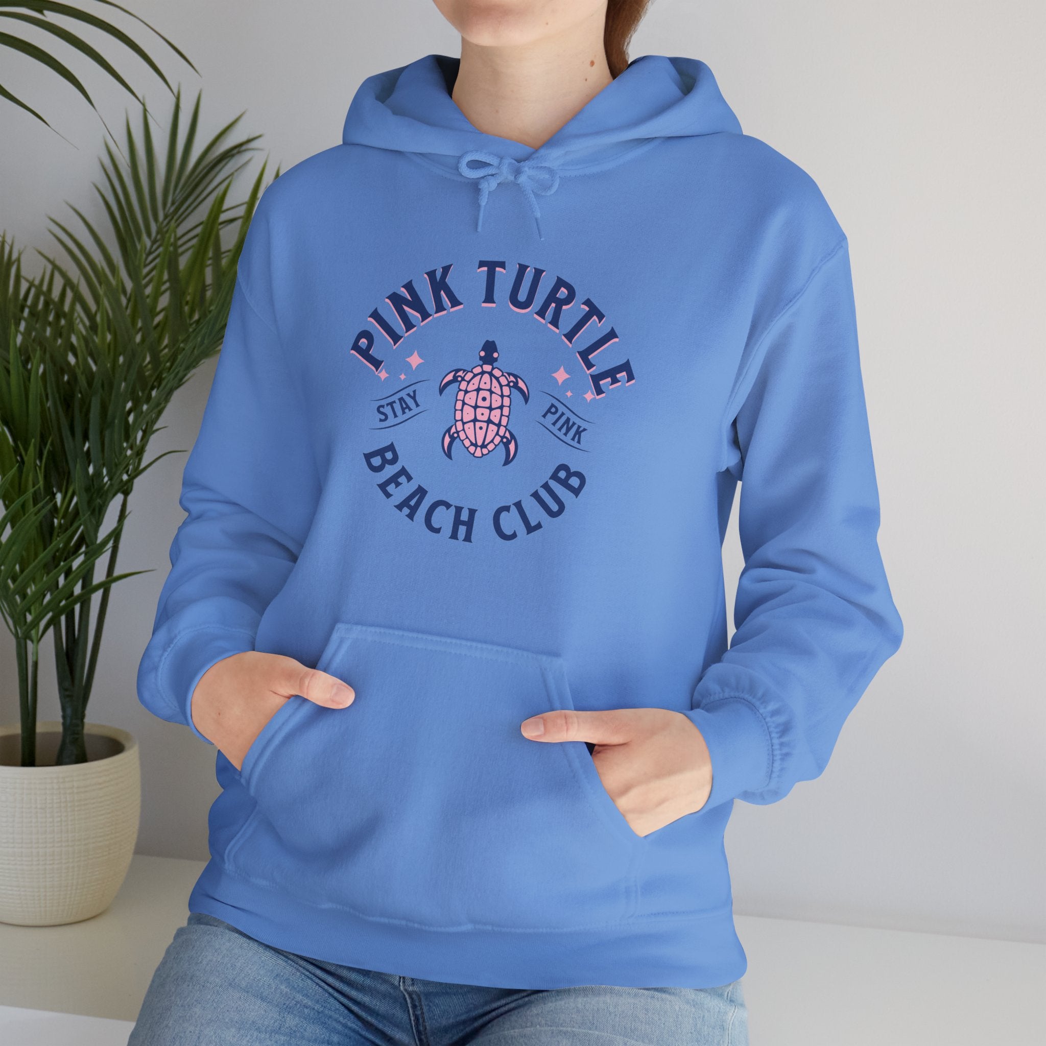 Pink Turtle Beach Club Hoodie — Retro Sea Turtle Graphic Sweatshirt