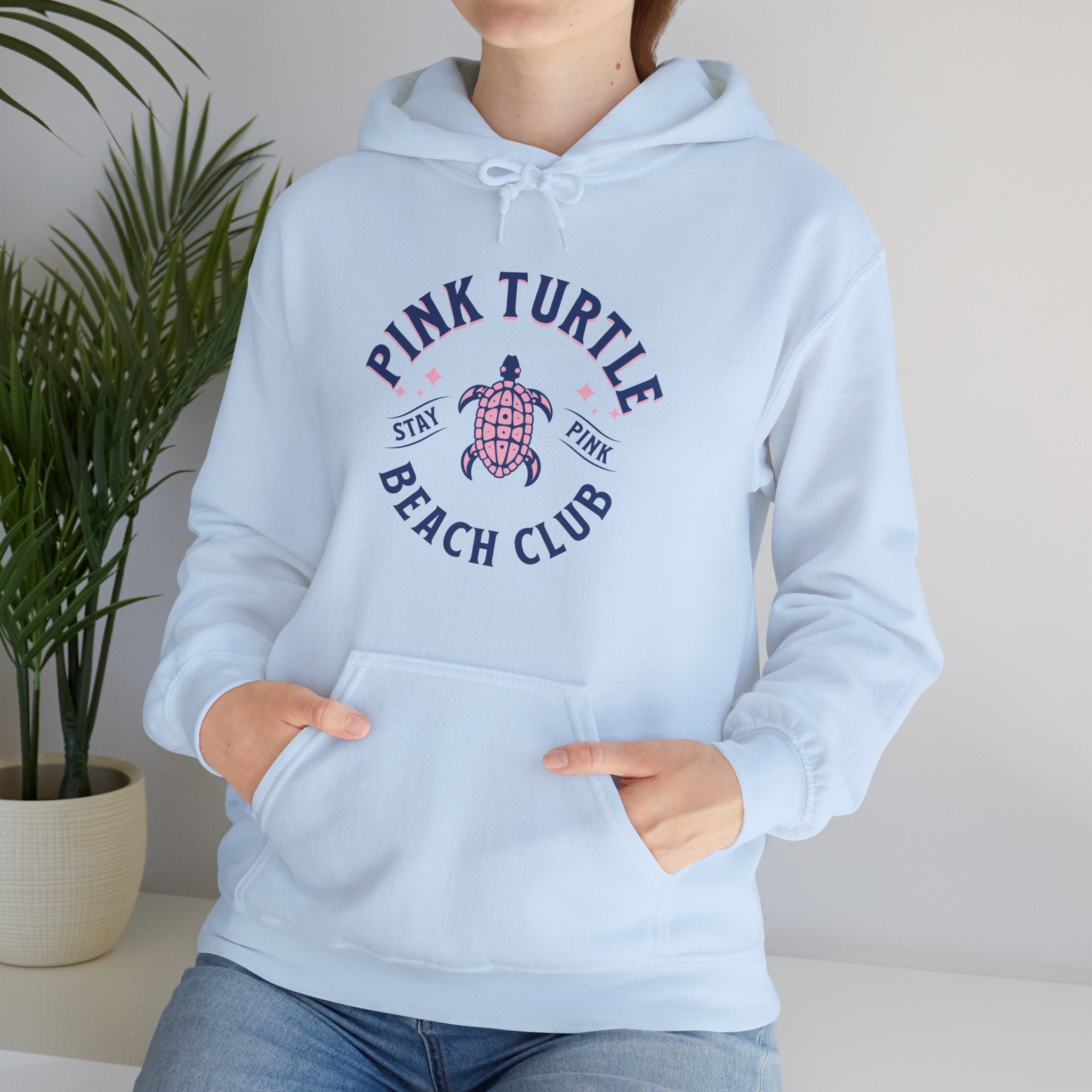Pink Turtle Beach Club Hoodie — Retro Sea Turtle Graphic Sweatshirt